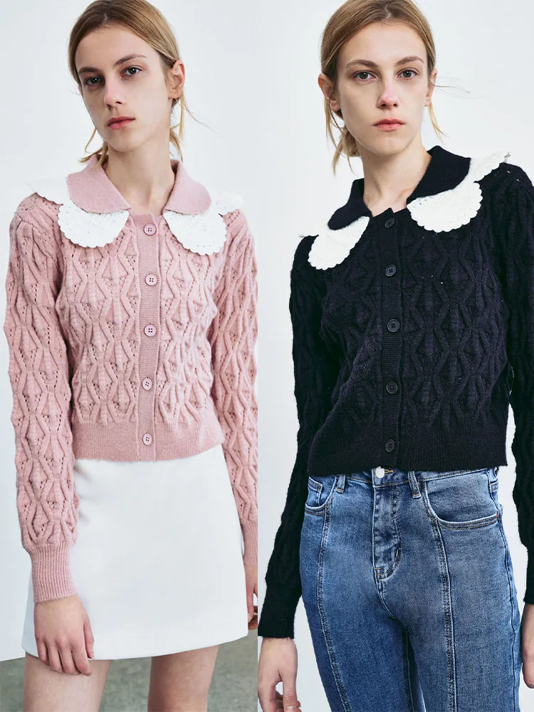 

2022 Spring New Products Women's Retro Sweet Temperament Contrast Color Stitching Doll Collar Thick Sweater Knitted Jacket