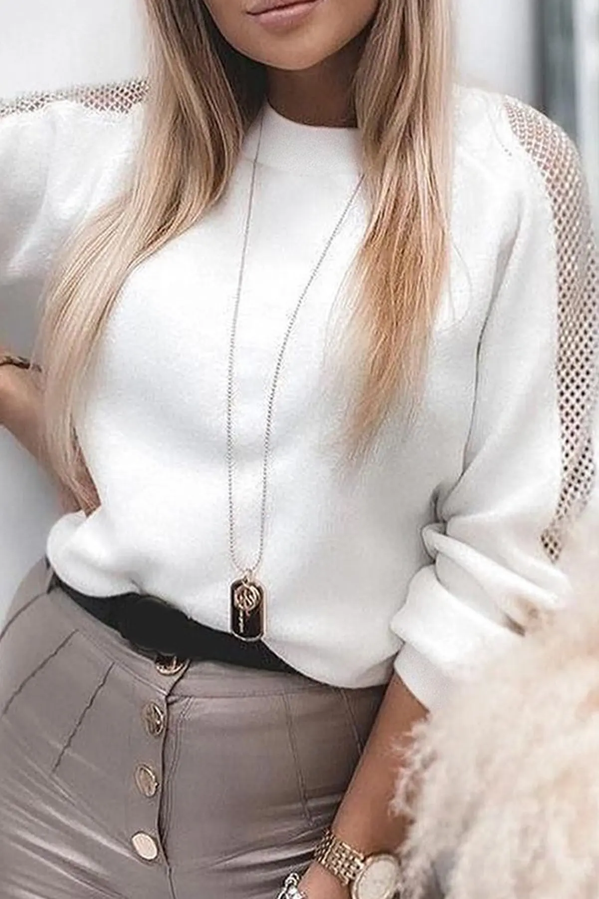 

Women, Blouse, Fishnet Sleeve Detail, Elegant, Soft, Comfortable, Modern, Cotton Woven