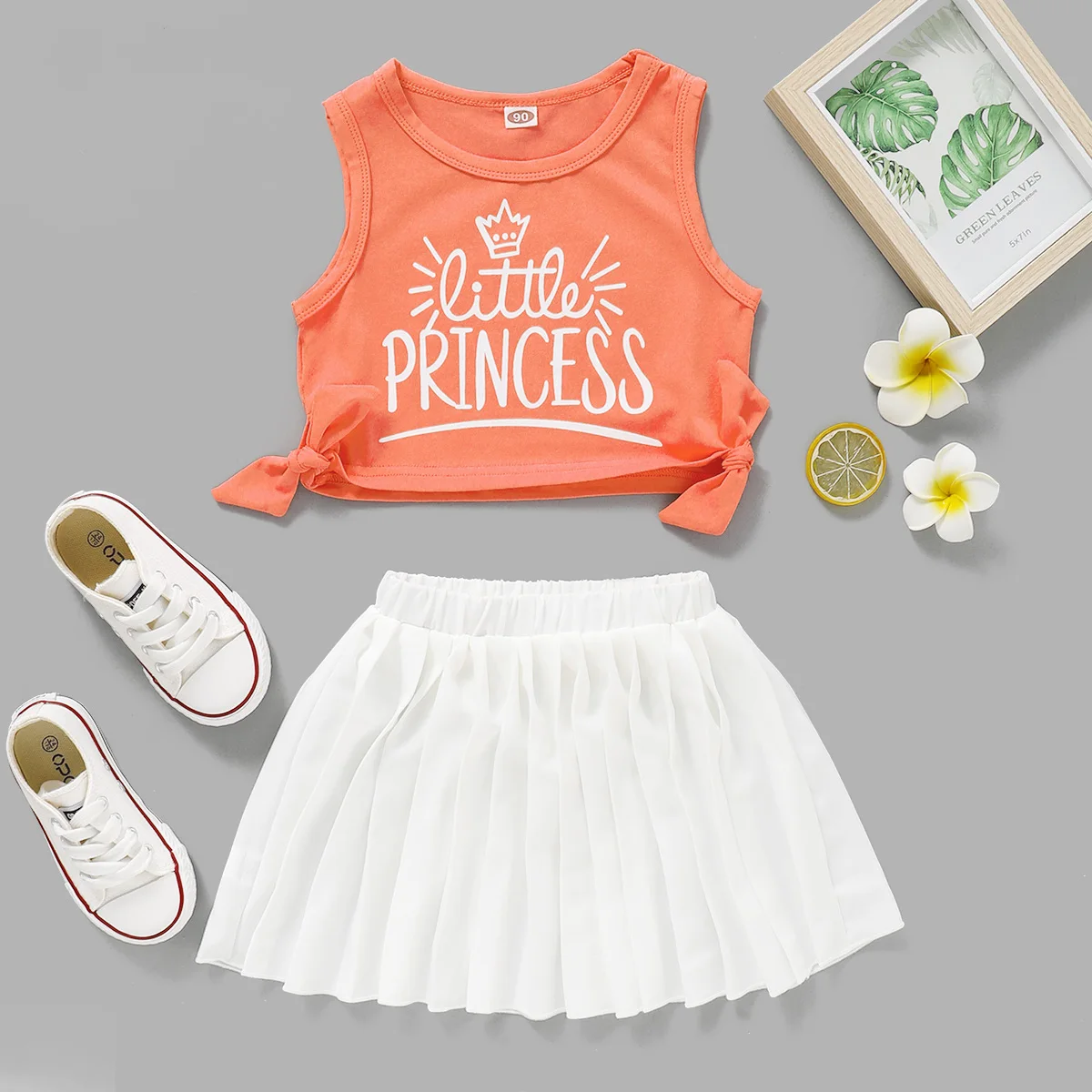 

Free Shipping Kids Summer Clothes Set Baby Girl Orange Cartoon Print Sleeveless Vest Top And Solid White Skirt Toddler Girl Set