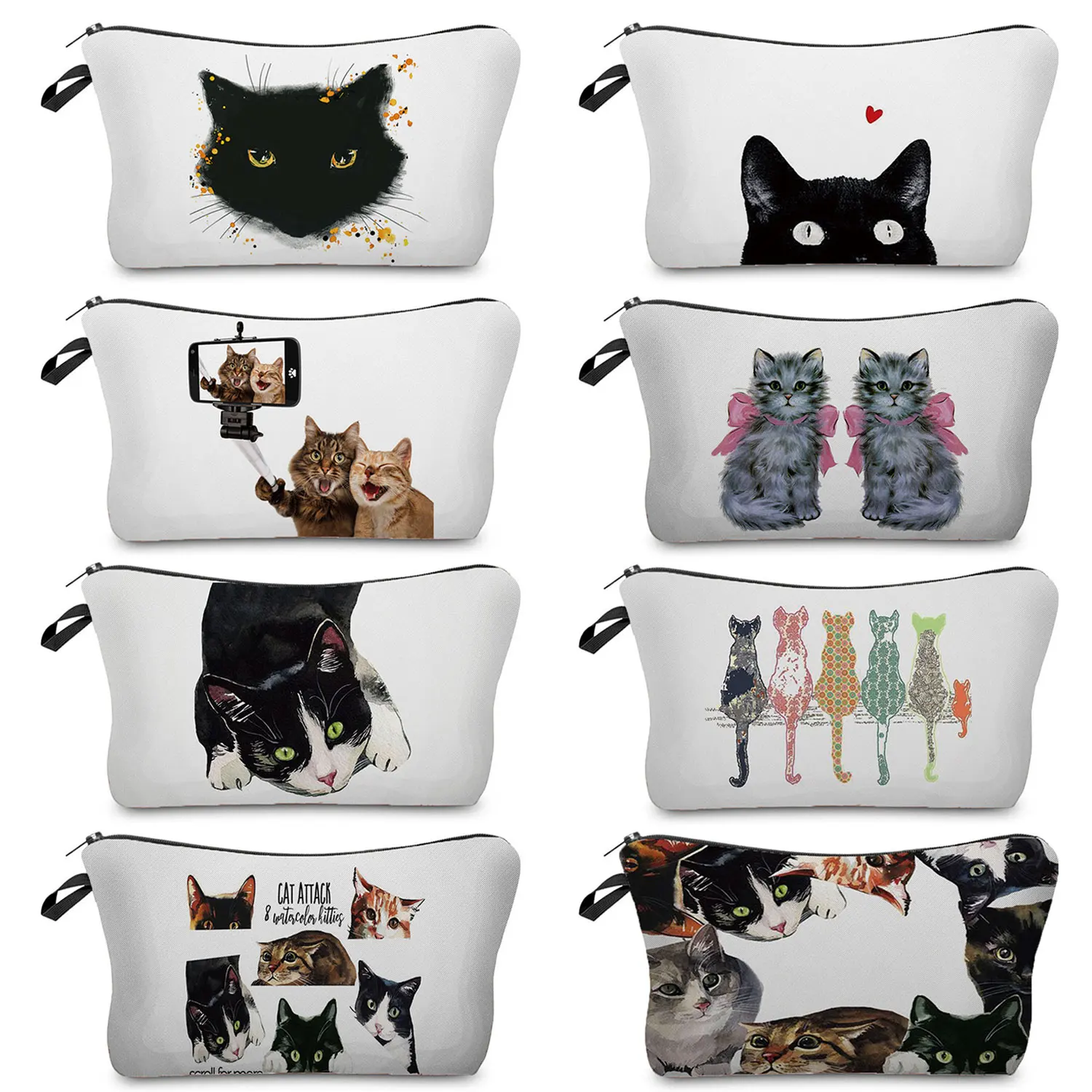 

Customize Cute Watercolor Cat Painting Print Womens Cosmetic Bags Eco Zipper Storage Bag Multifunction Waterproof Makeup Bag