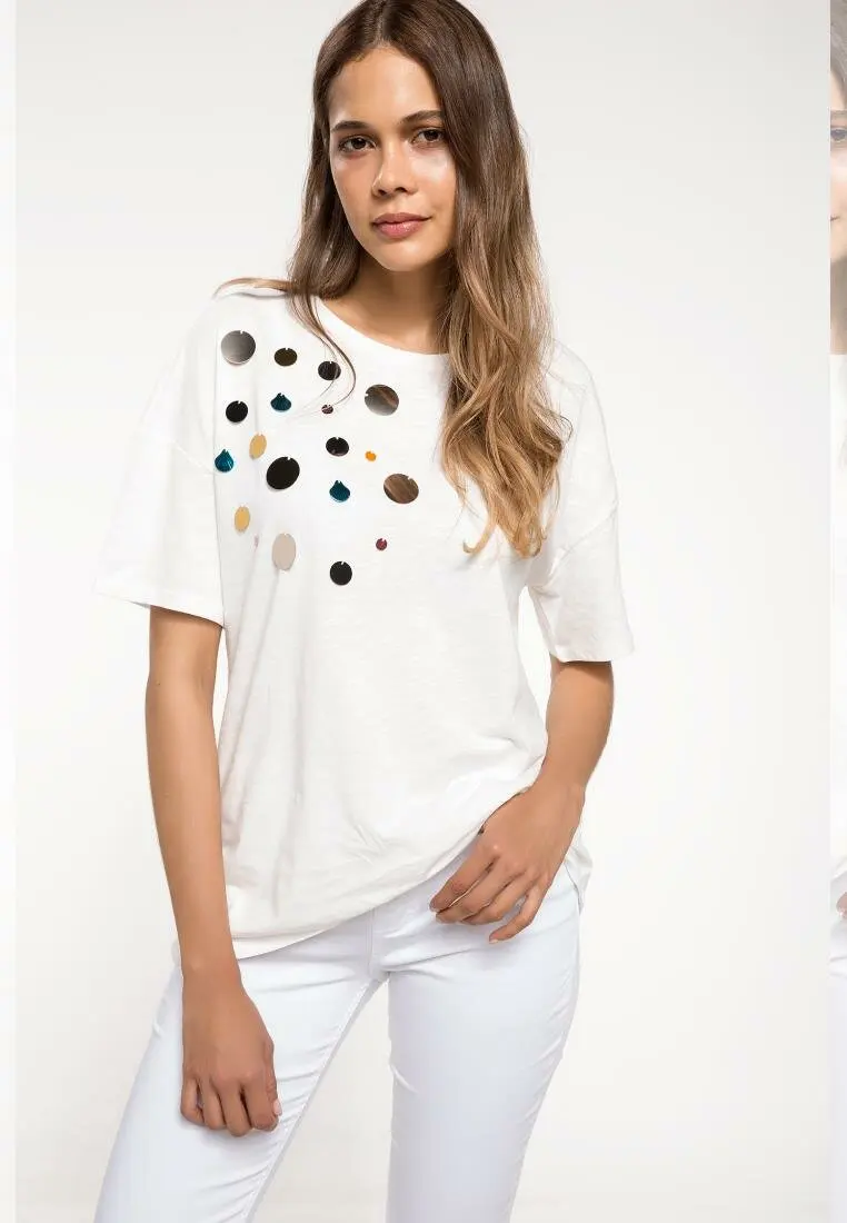 DeFacto White Bling Round Decor Woman Top Tees Summer Knitted Short-Sleeved O-neck Casual Chic T Shirt-J1766AZ18SM