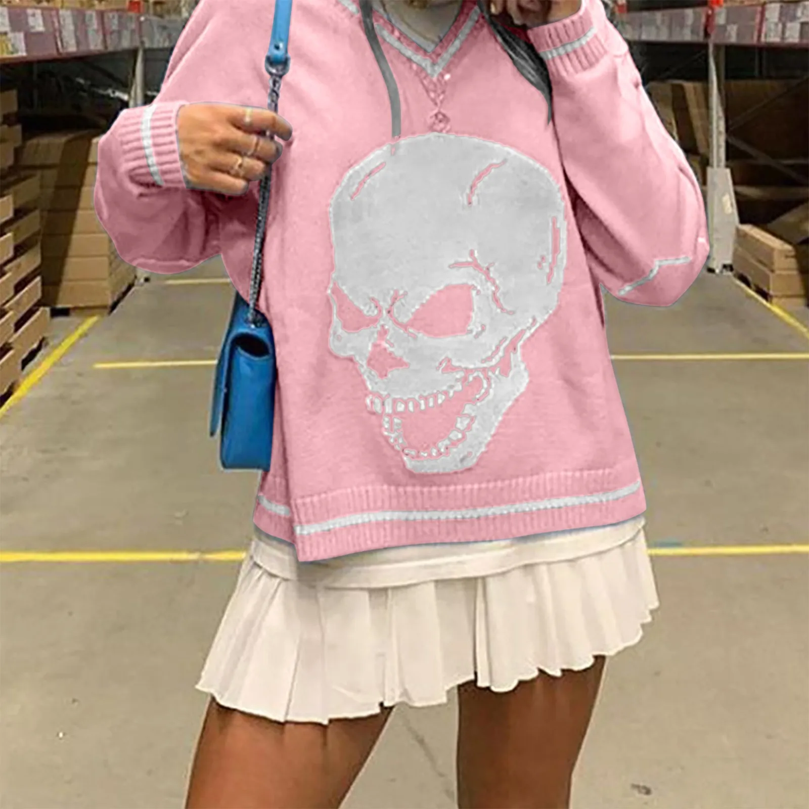 

Women's Autumn Knitted Sweater Skull Print V-Neck Sweater Streetwear Pullovers Long Sleeve Skull Sweater For Women chaleco mujer