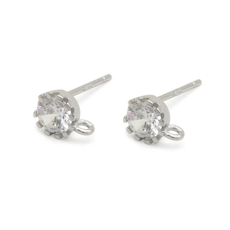 

2pcs 925 Sterling Silver Platinum Plated Round Blank Ear Stud Findings 6mm Earrings Setting With Zirconia Simple Fashion Style