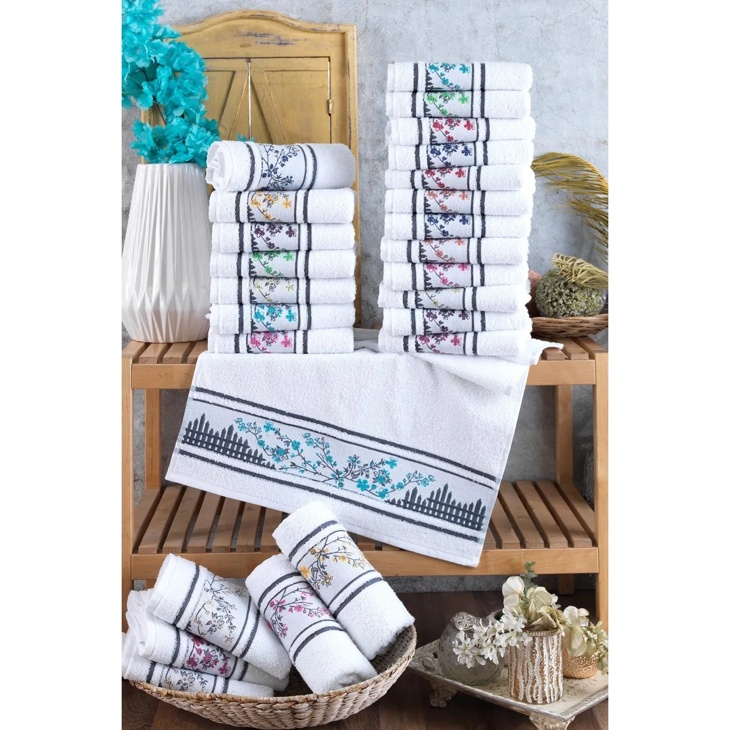 

%100 Cotton Flower Embroidered Towel Set Super Absorbent Quick Drying 12 Pcs 30x50 Different Colors Hand and Face Set Delicate