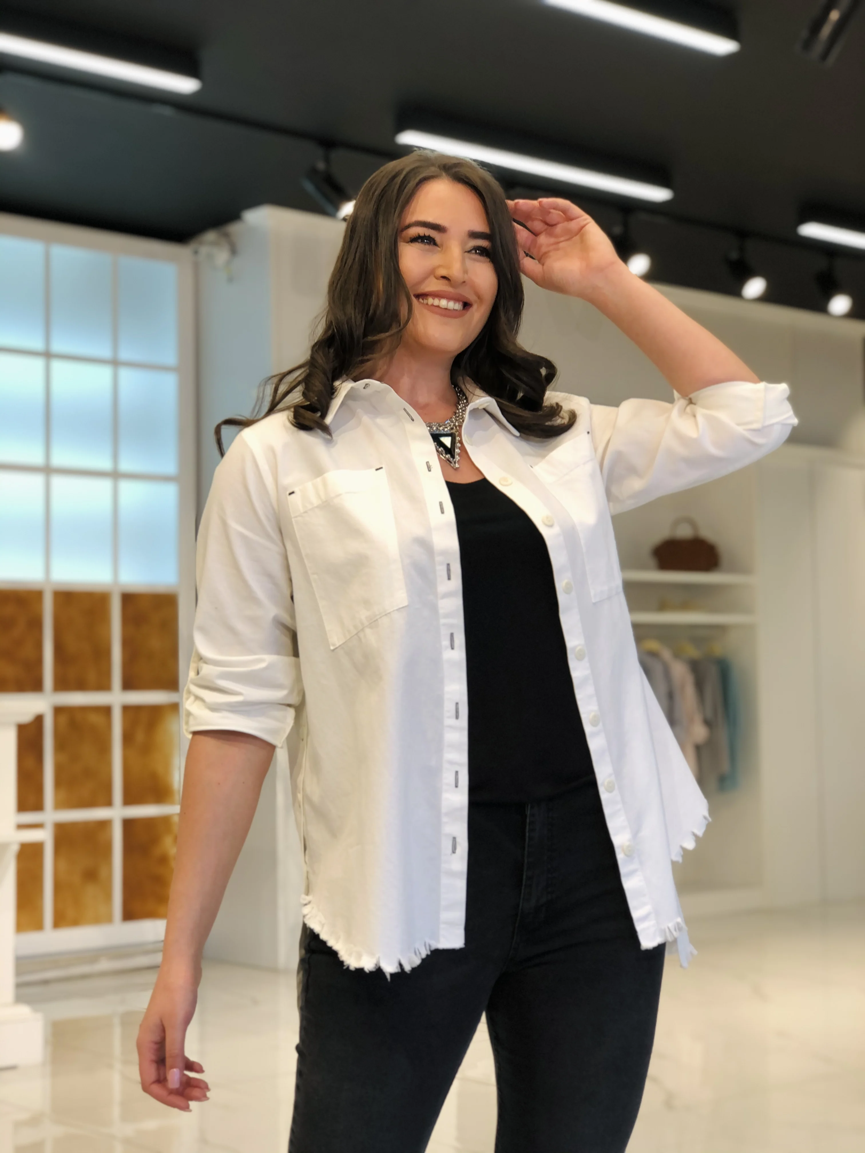 

Roxxlen Women Spring Summer Plus Size Ecru Shirt Diognel Woven Fabric (100% Cotton)