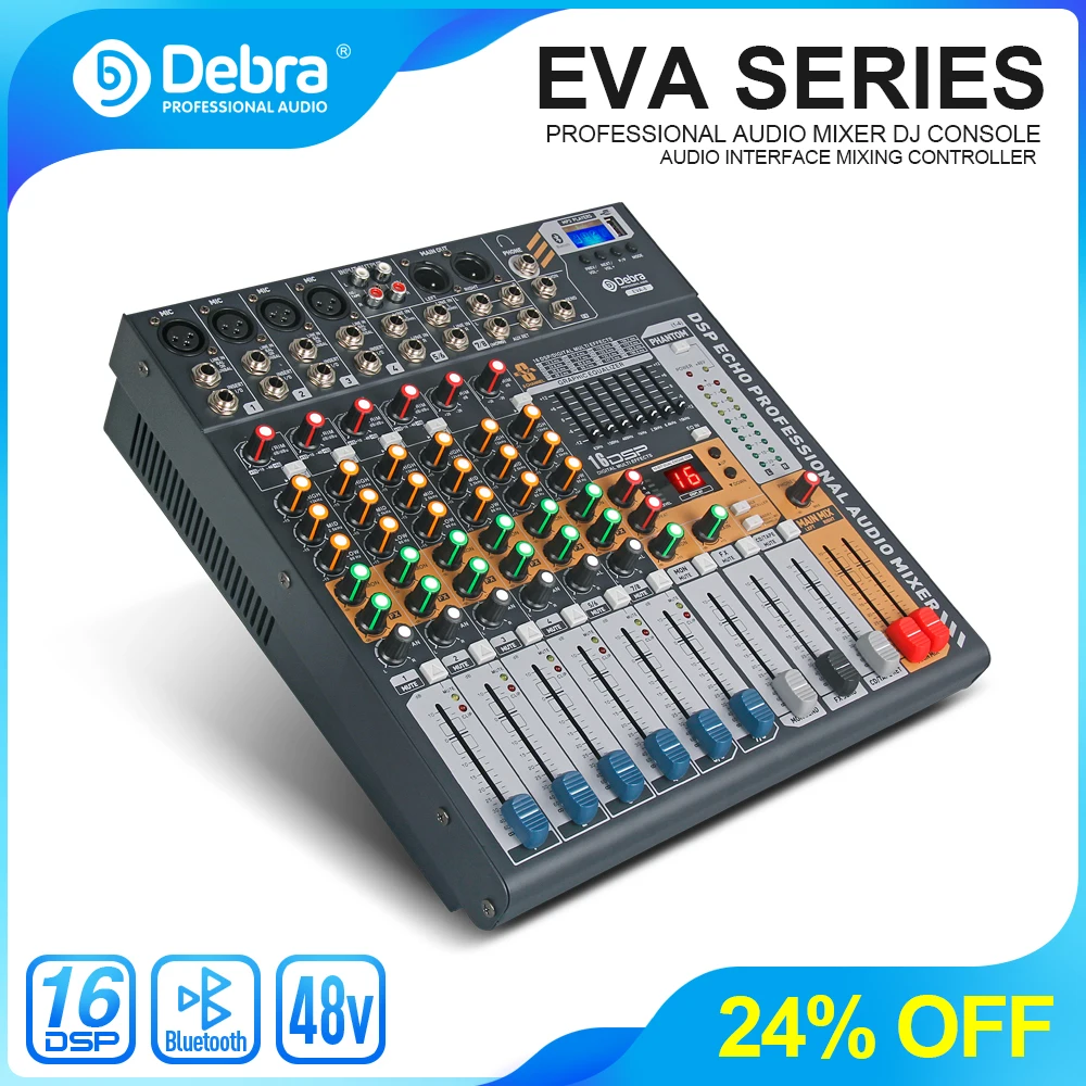 

Debra Audio EVA-8 8 Channel Audio MixerDJ & Studio Console Mixer System Built-in Bluetooth Wireless Receiver