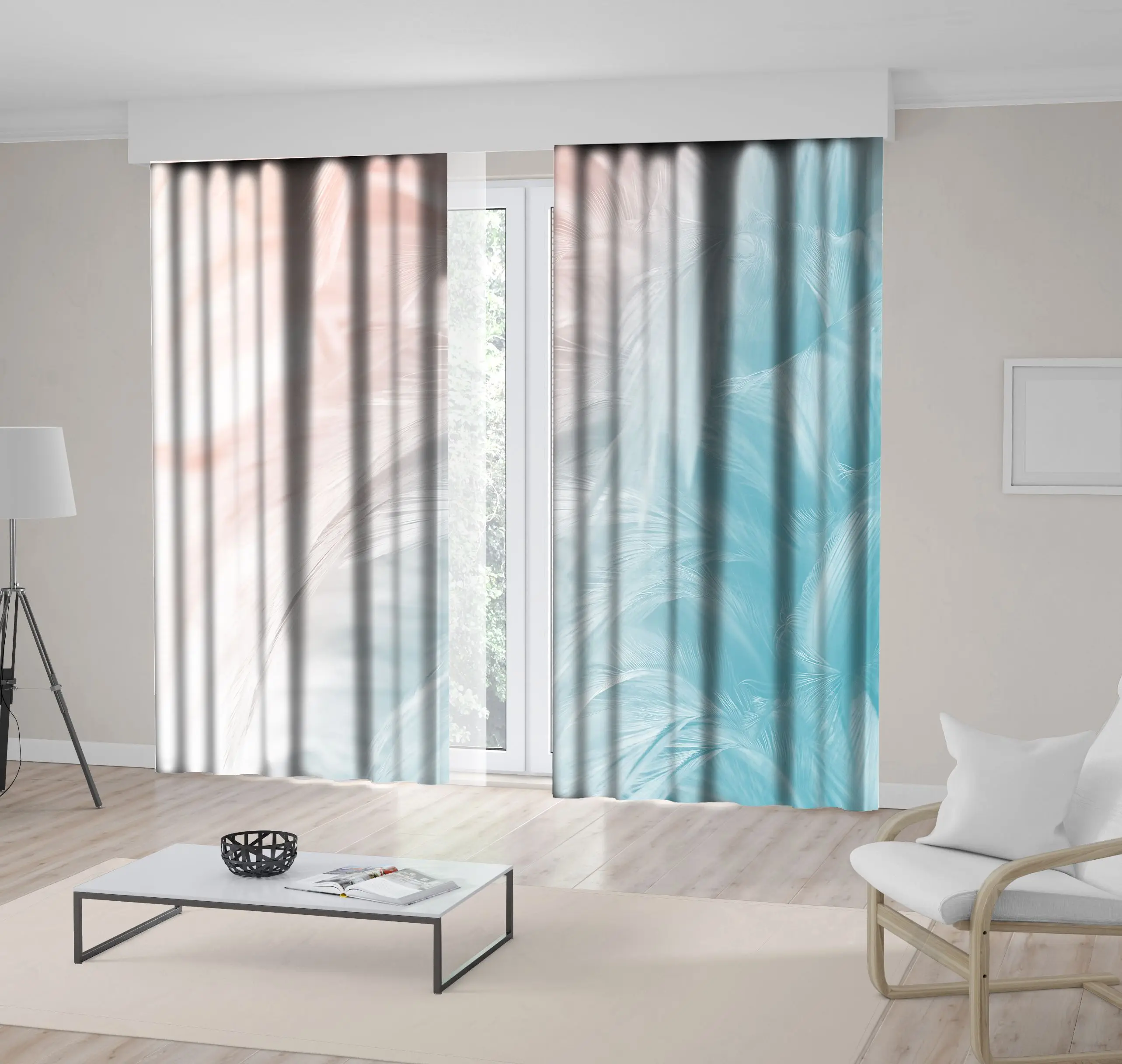 

Curtain Bird Feathers in Soft Colors Stylish Artistic Design Romantic Modern Decor Photo Pink Blue