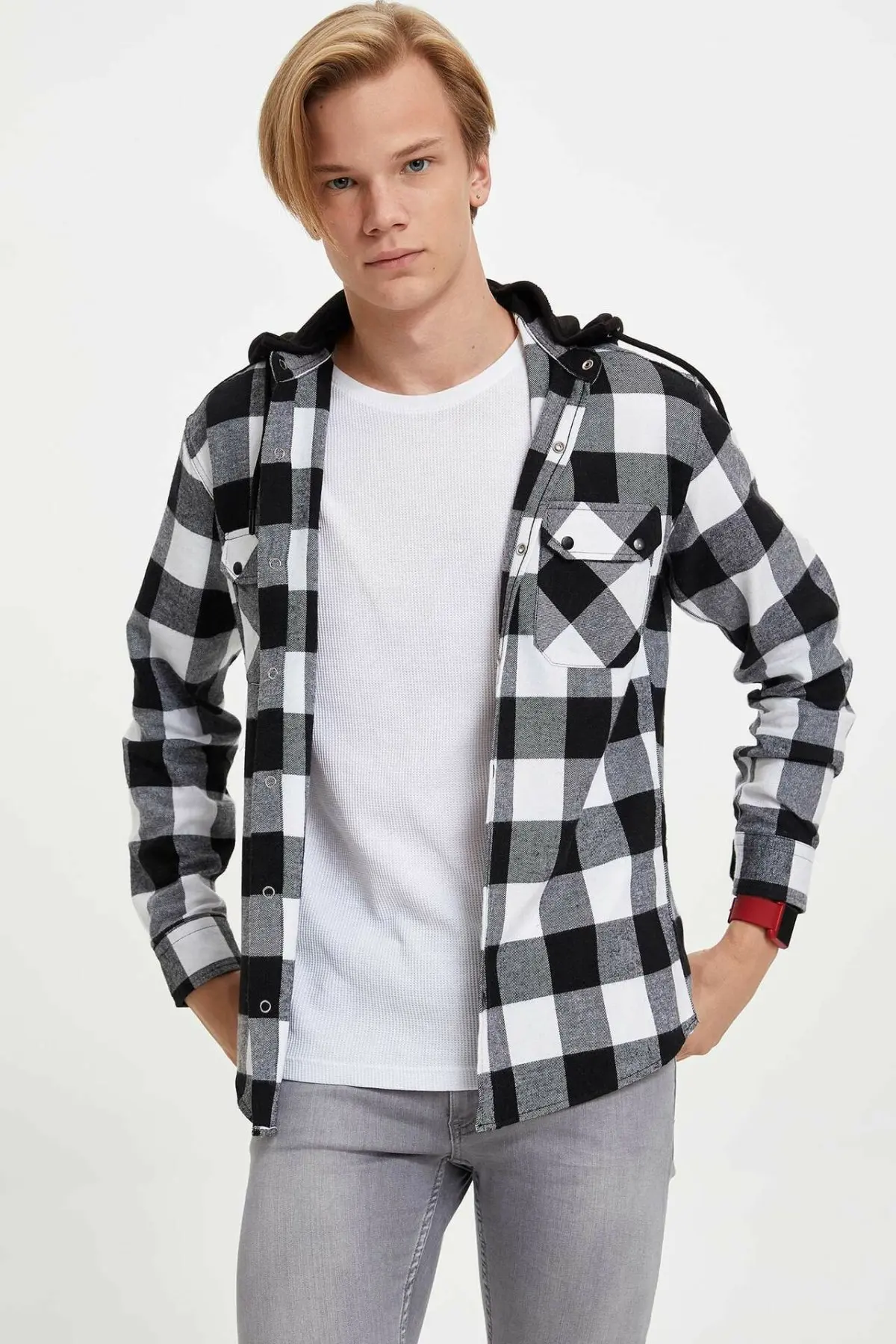 Дефакто Мужская зимняя рубашка в клетку для мужчин черный белый сетки Топ