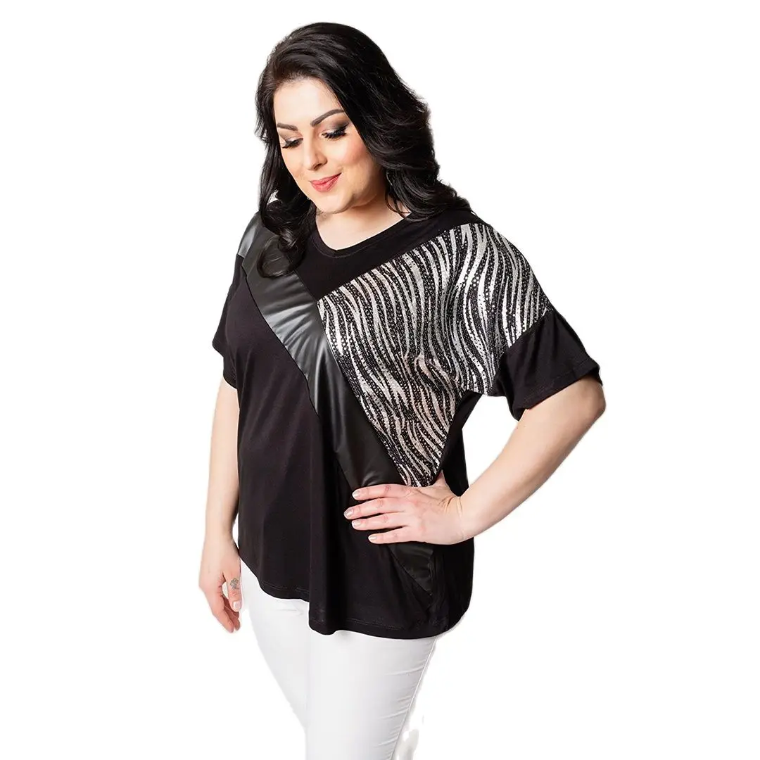 

Women’s Plus Size Leather Look And Silver Patchwork Detail Black Blouse, Designed and Made in Turkey, New Arrival