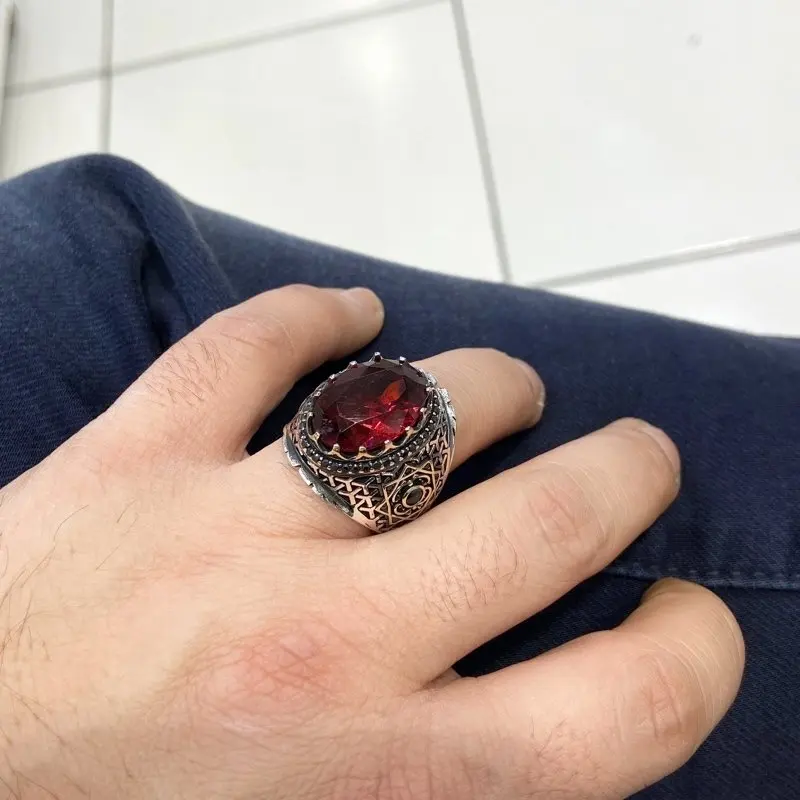 Рубиновый цвет Овальный циркон камень ручной работы серебряное мужское кольцо |