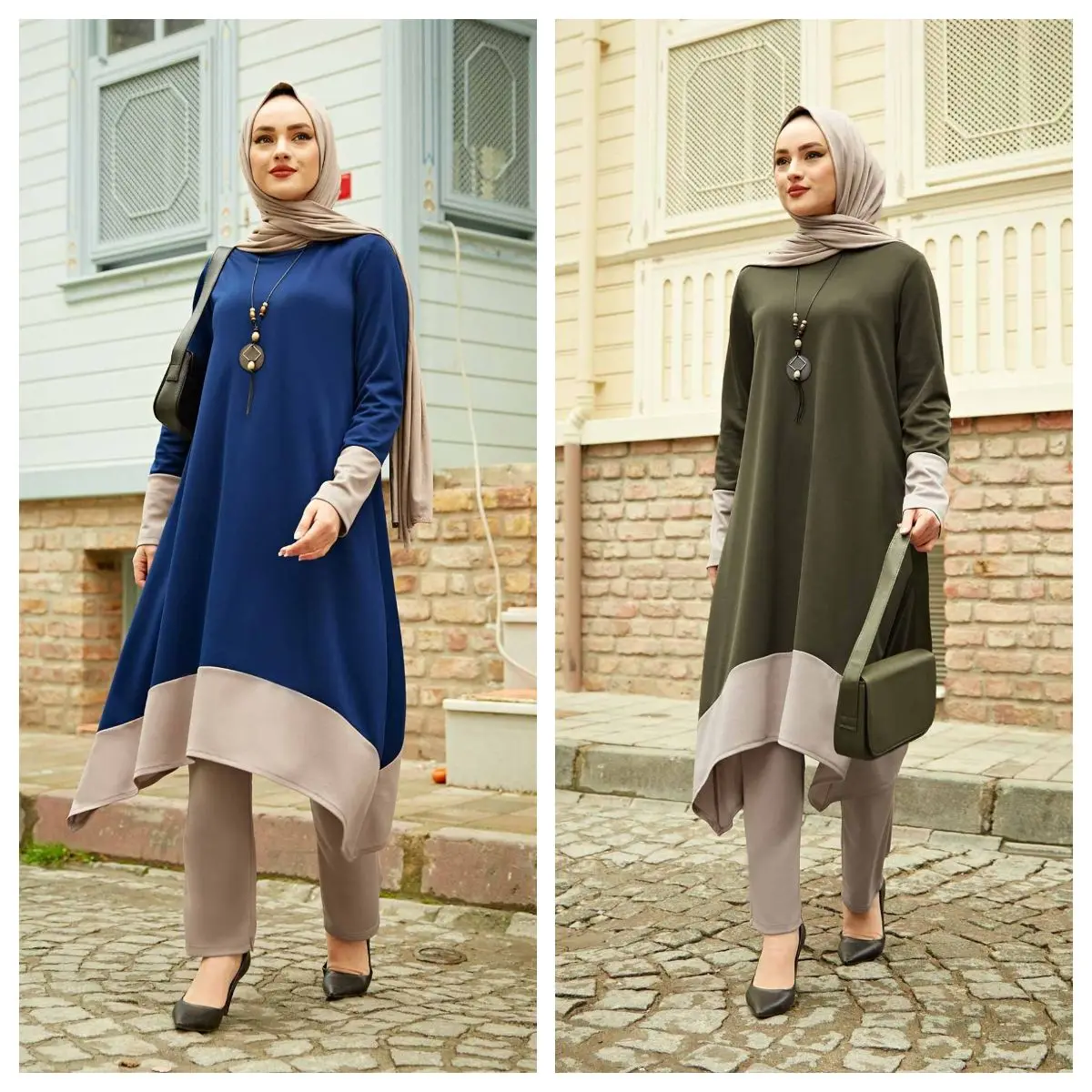 

3 Piece Women's Big Size Set Skirt and Sleeve Detailed Long Shirt and Comfortable Pant and Necklace Suit Muslim Fashion Turkey