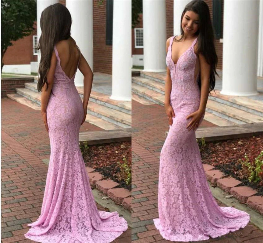 

Light Pink Prom Dresses, Long Lace Mermaid Prom Dresses, Halter Prom Dresses, Open-back Prom Dresses