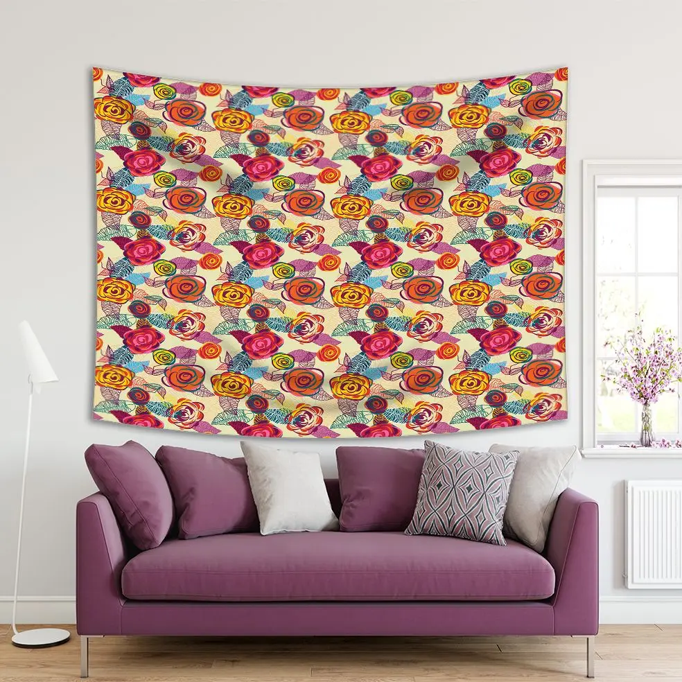 

Tapestry Bright Colored Roses Summer Flowers Fun Romantic Theme Decoration Yellow Orange Fuchsia