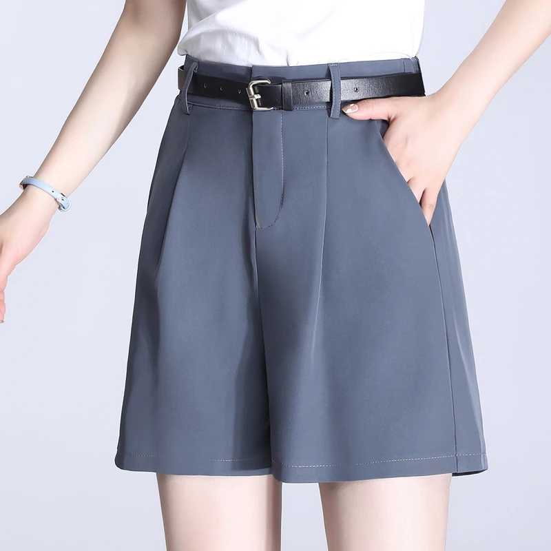 

High waist solid with belt summer cool fashion women shorts Loose pockets Office ladies elegant street wear female bottom 2021