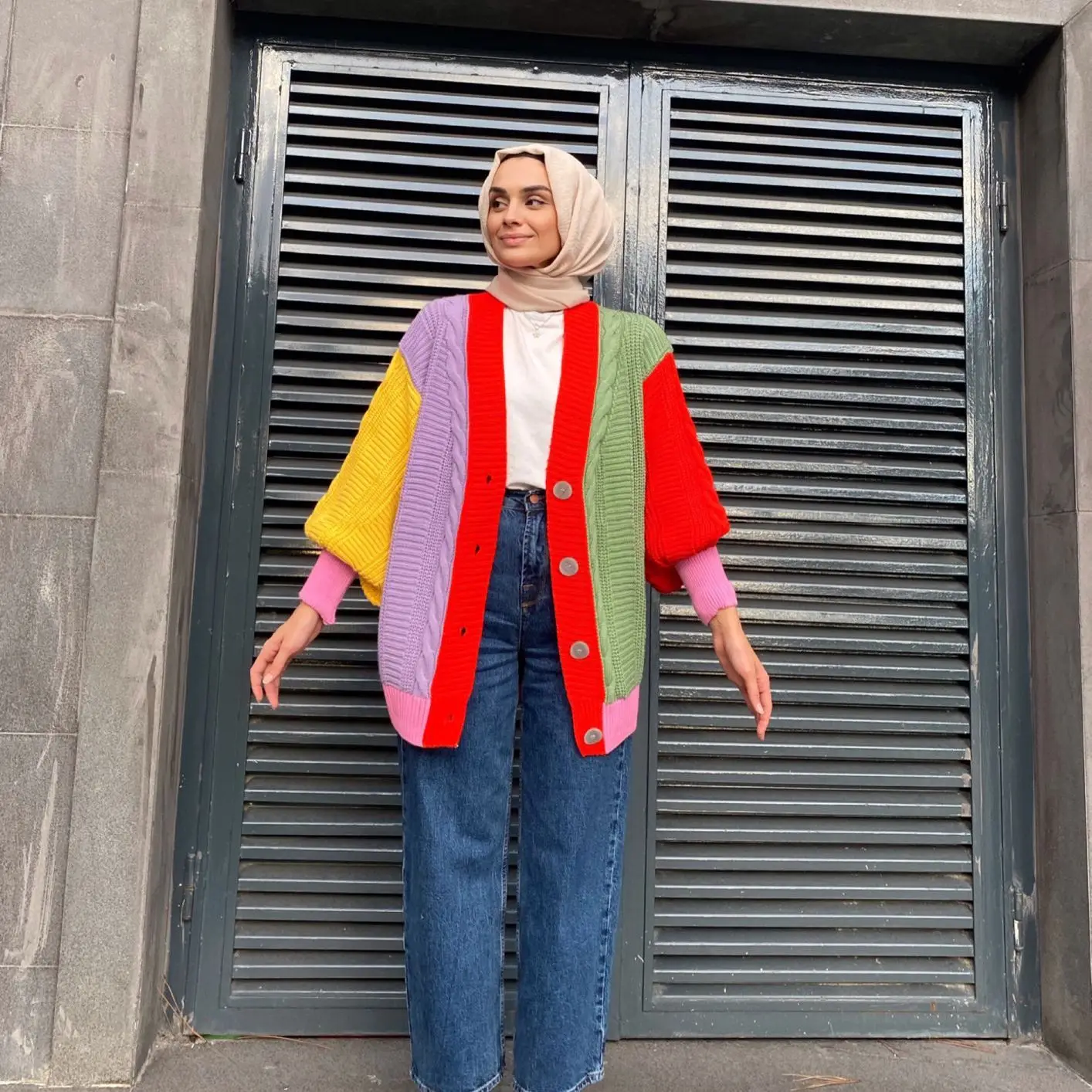

With color Block Thick Cardigan Colorful Women Clothing Winter Fashion New Season Fashion Wide Long Button Baggy Casual Warm Knit