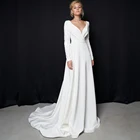 Плиссированное атласное свадебное платье А-силуэта, винтажное свадебное платье с длинными рукавами, V-образным вырезом, индивидуальный пошив, 2021, свадебное платье на молнии с закрытой спиной и шлейфом