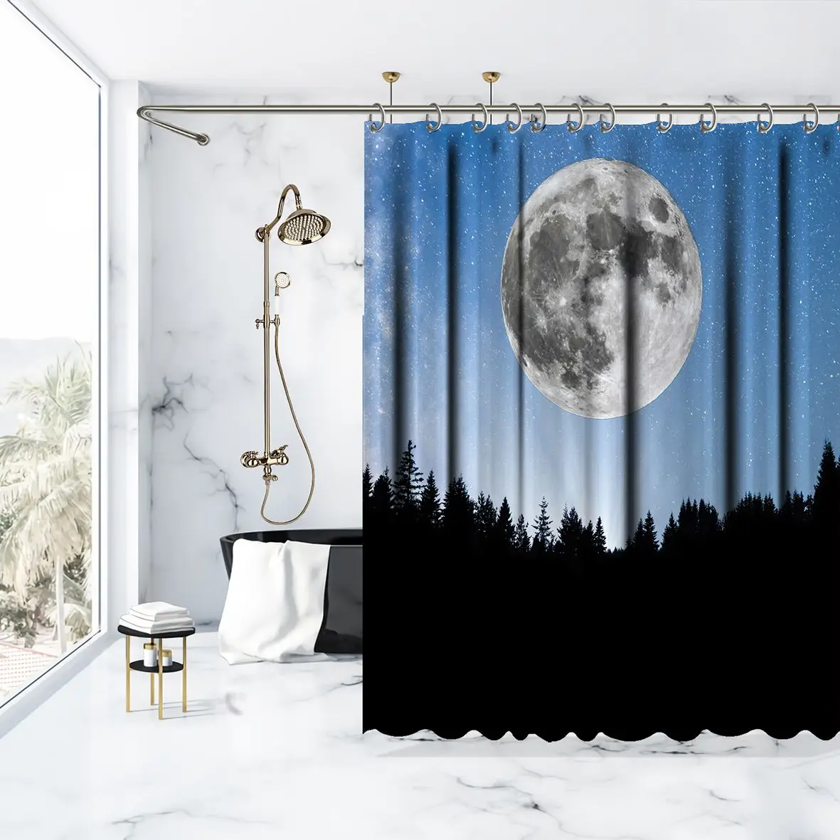 Занавеска для душа Супер Луна звезды Млечный Путь ночной вид с сосновым деревом