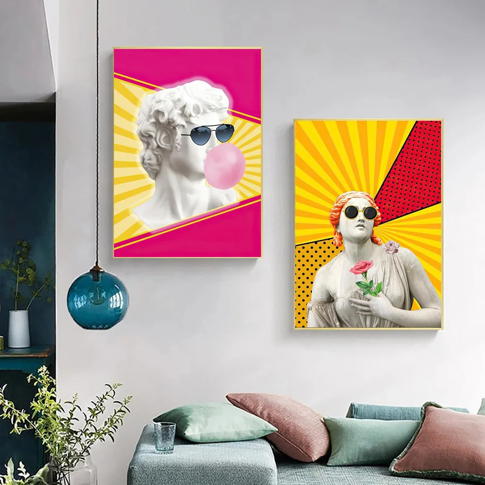

David Blowing Bubbles With Glasses Funny Sculpture Posters And Prints Canvas Painting Wall Art Pictures For Living Room Decor
