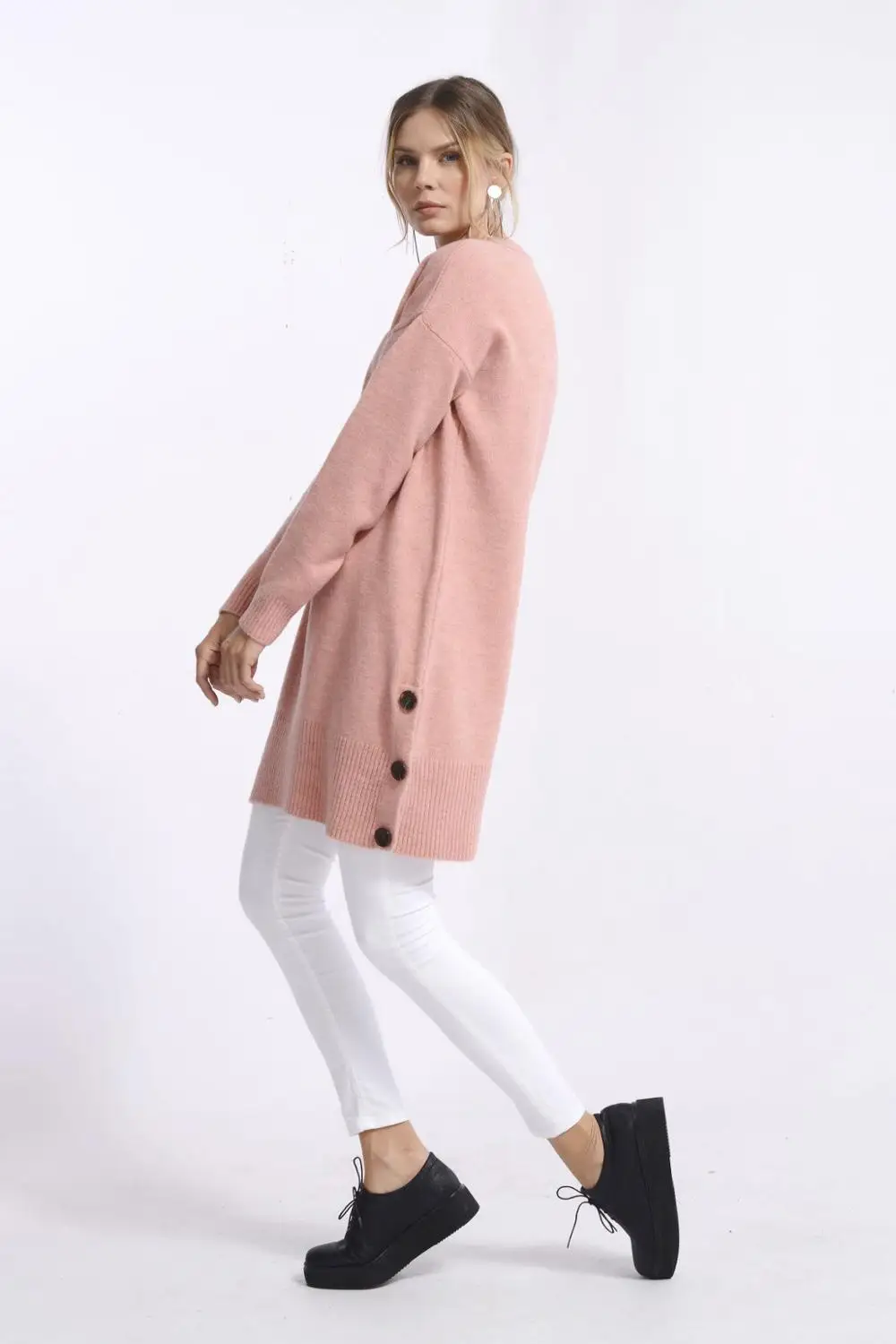 

Nefise Fashion 2020 Women Knitted Crew Neck Long Sweater Tunic Autumn Winter Pink White