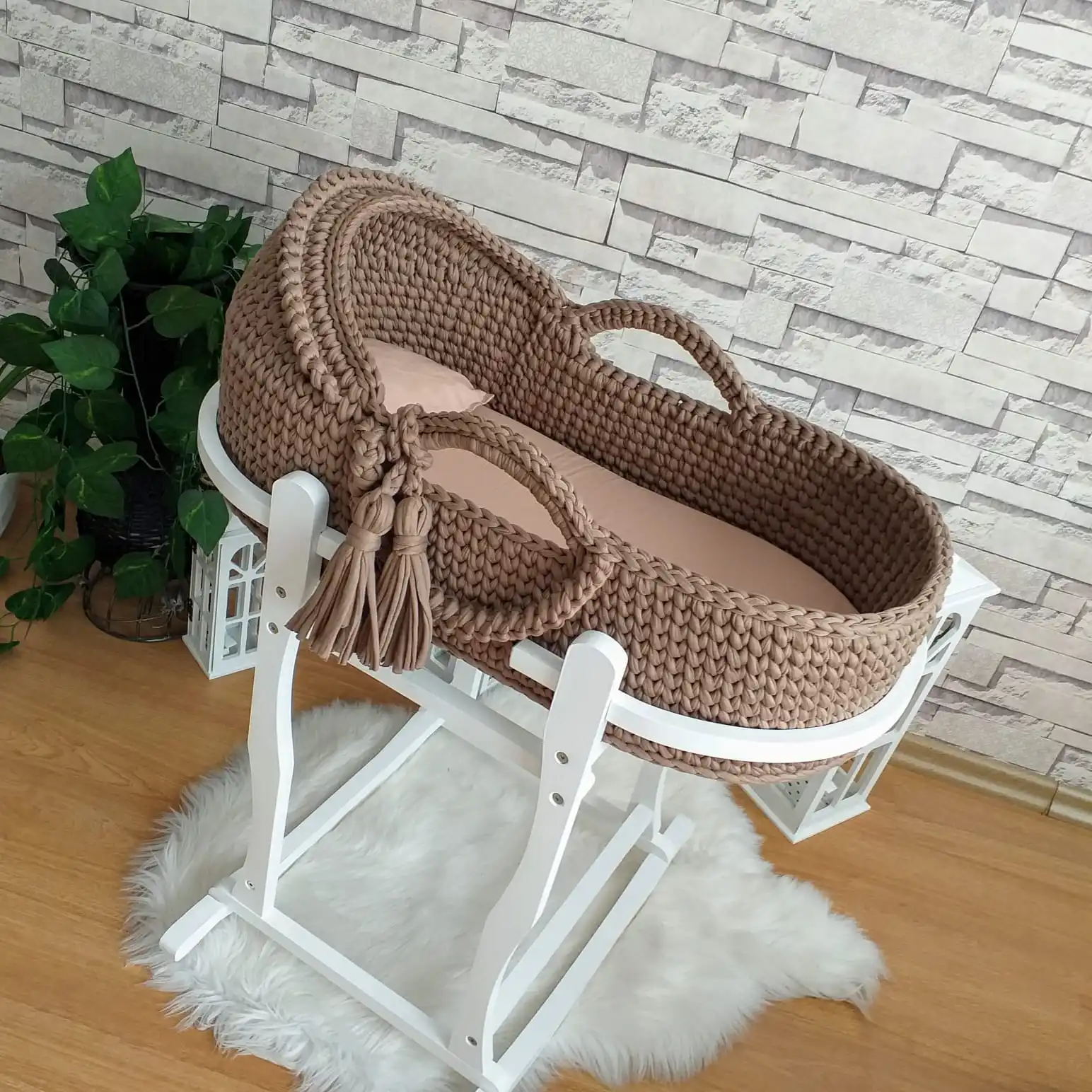 Jaju Baby Moses Basket Brown Knitted Stroller, newborn baby basket, baby basket, handmade baby knitting basket