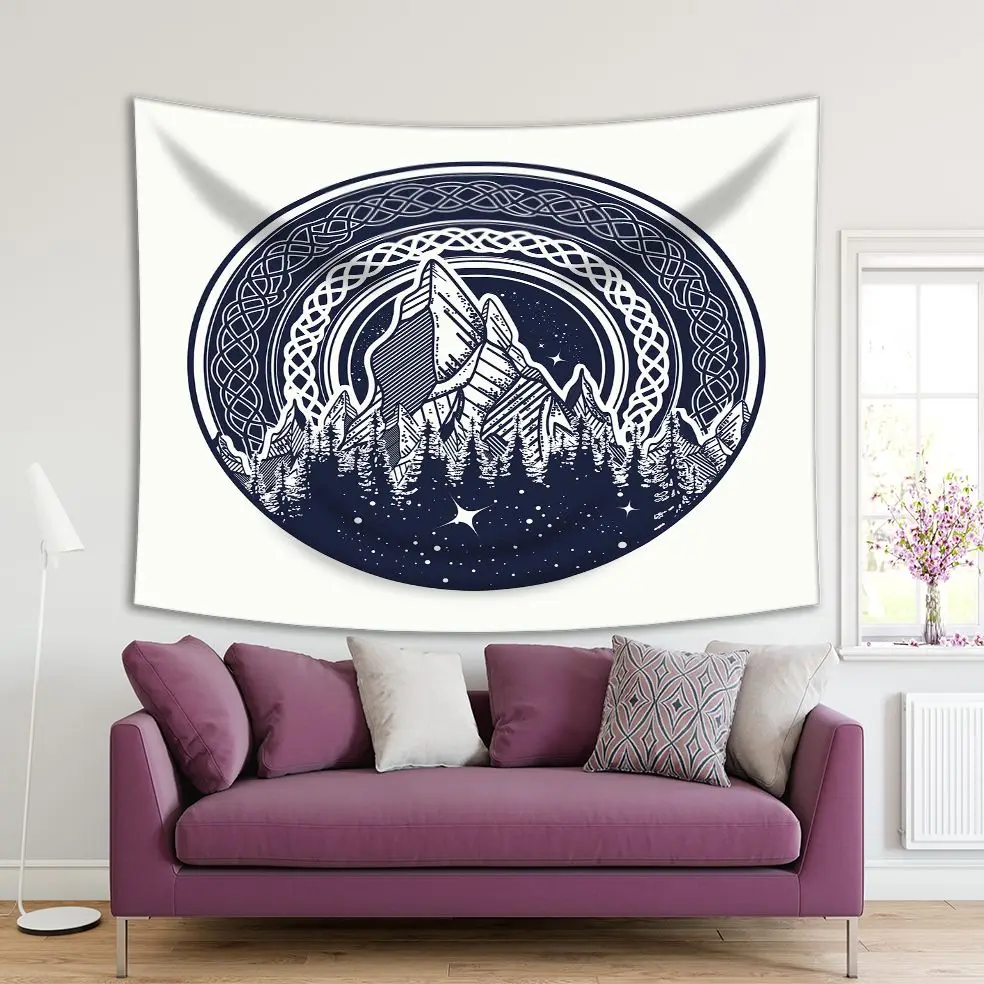 

Tapestry Mountains Stars and Forest in Circle Tribal Ethnic Ornamental Patterns Nature Theme Illustration Navy Blue