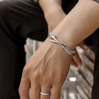 simple twisted woven feather silver color open cuff bracelet for men women adjustable bangle jewelry wrist gift