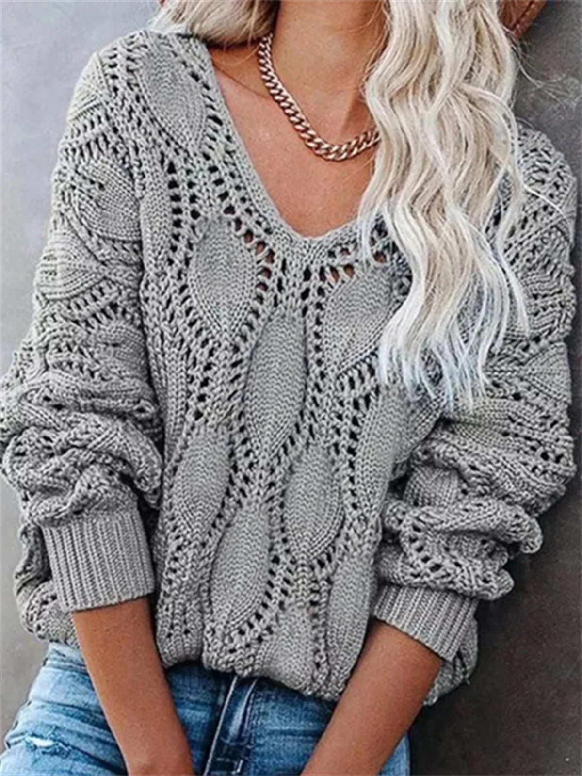 

Women Solid Hollow Out Knitted Sweater V Neck Tops Casual Female Long Sleeve Loose Pullover Sweater Casual Solid Long Sleeves