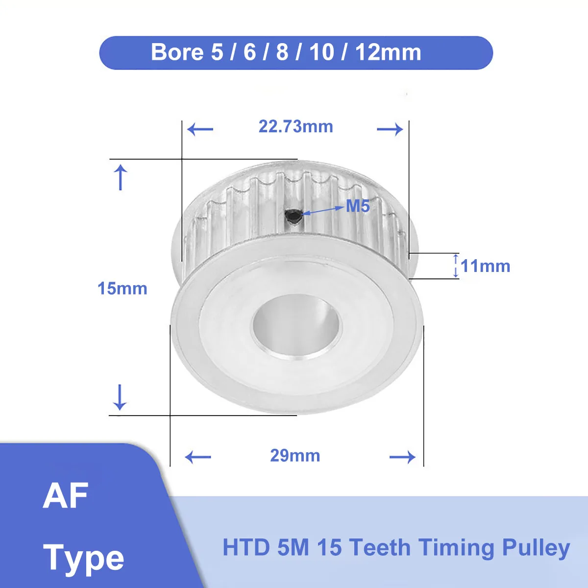 

HTD 5M 15 Teeth 11mm Width Timing Pulley Synchronus Wheel Bore 5/6/8/10/12mm Aluminium Idler Pulley for HTD5M Timing Belt