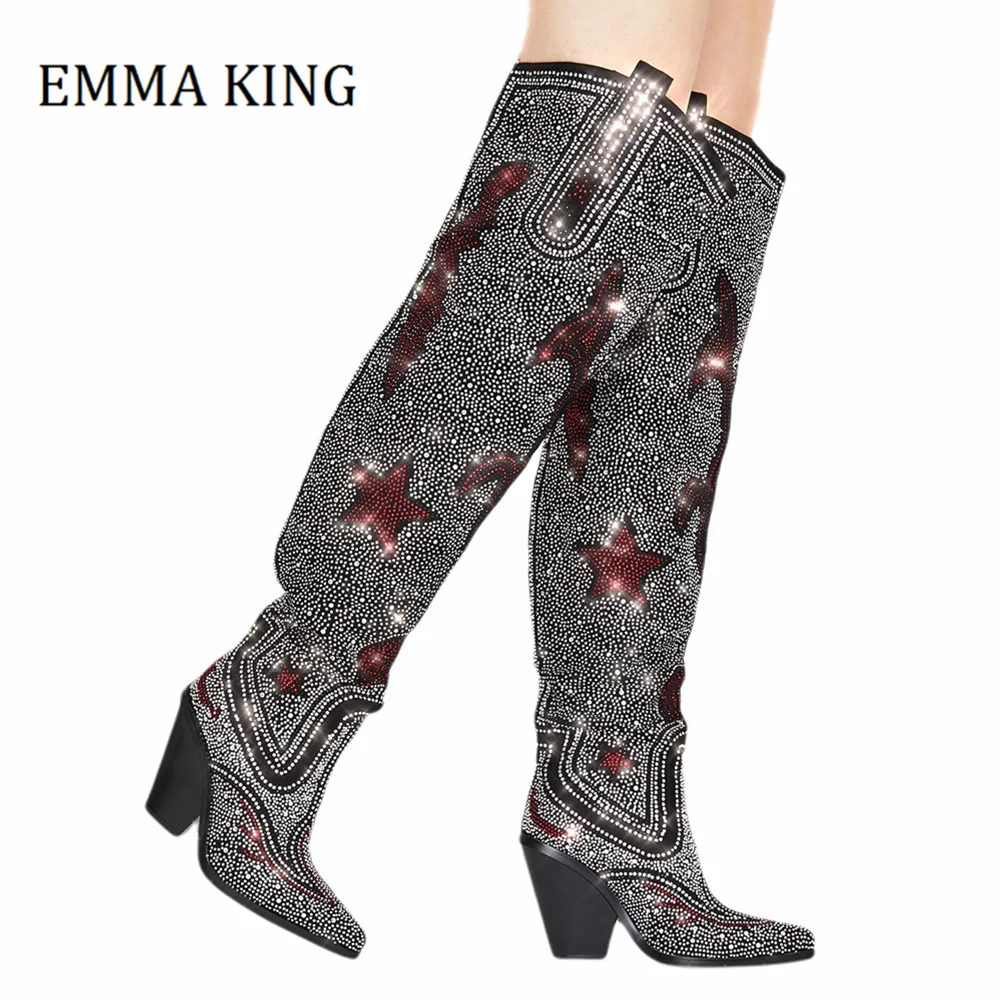 

2020 Fall Winter Rhinestone Cowboy Boots Western Chunky Heel Thigh High Boots Pointed Toe Star Patterning Bling Botas De Mujer