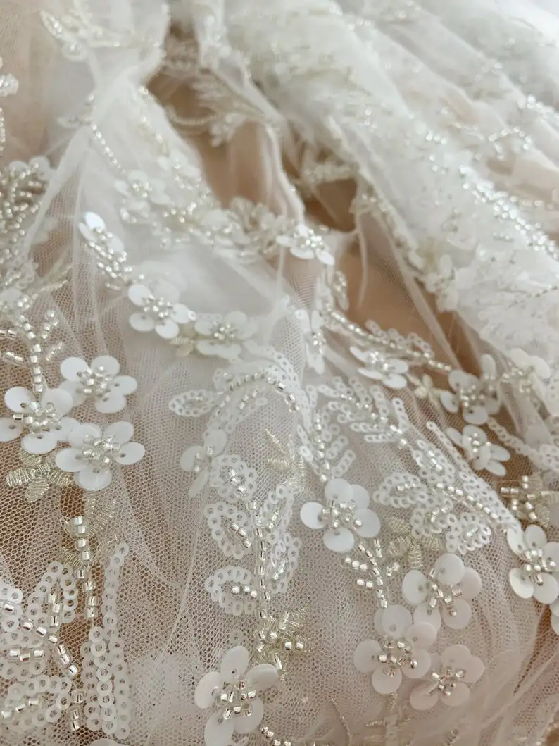 

Heavy Bead Lace Fabric With Flowers, Beaded Tulle Lace Fabric With 3D Flowers For Bridal Dress, Veil