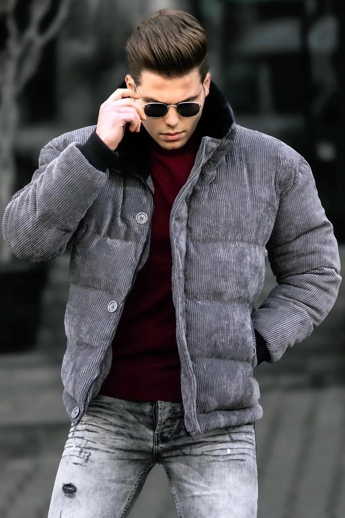 Men's Corduroy Inflatable Coat plus velvet thick Denim jacket men Casual lapel cotton Denim jacket men fur collar warm winter