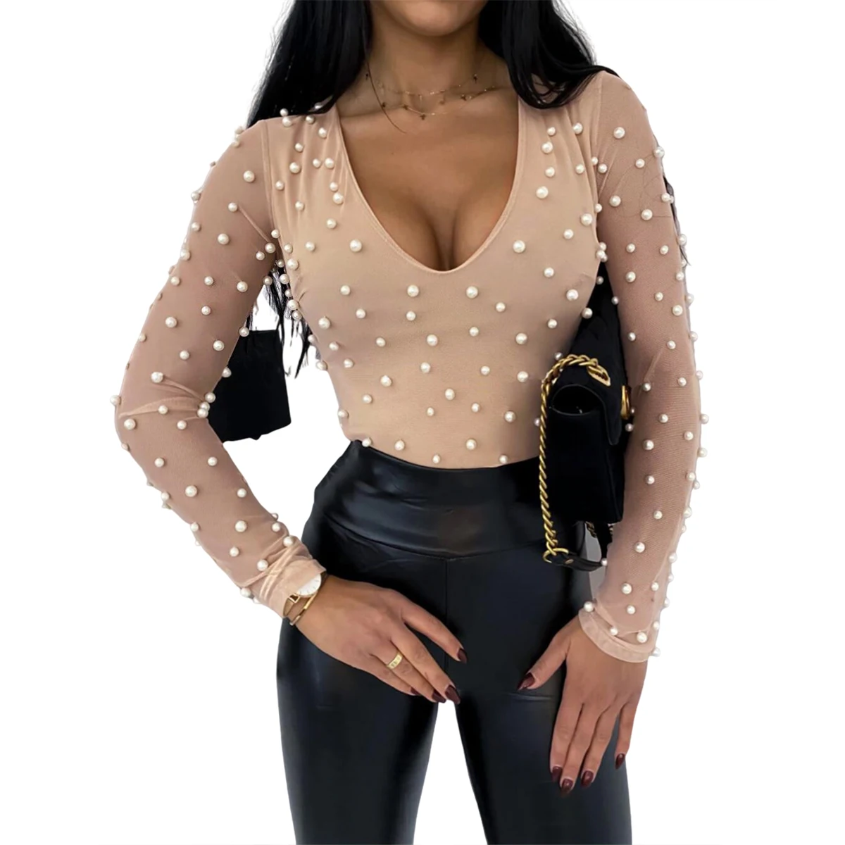 Женский свитер с рукавами-фонариками элегантная однотонная блузка в горошек