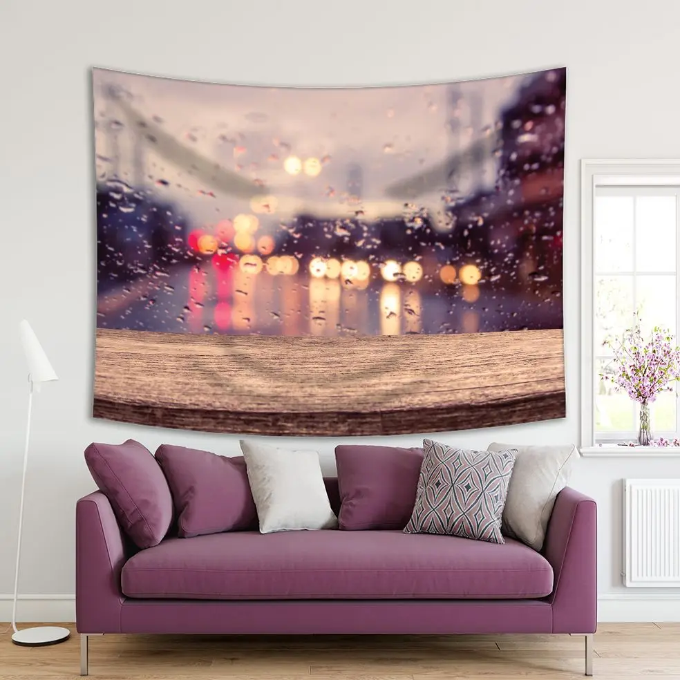 Tapestry Wooden Table with Blur Traffic View through a Car Windscreen Covered in Raindrops Rainy Evening Picture Brown Yellow | Дом и сад
