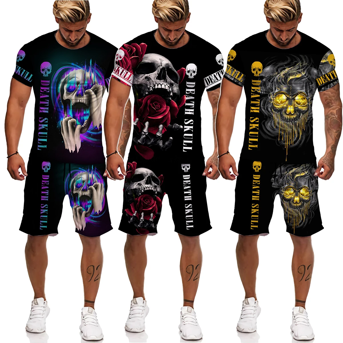 Футболка мужская с принтом черепа повседневный тренировочный костюм коротким