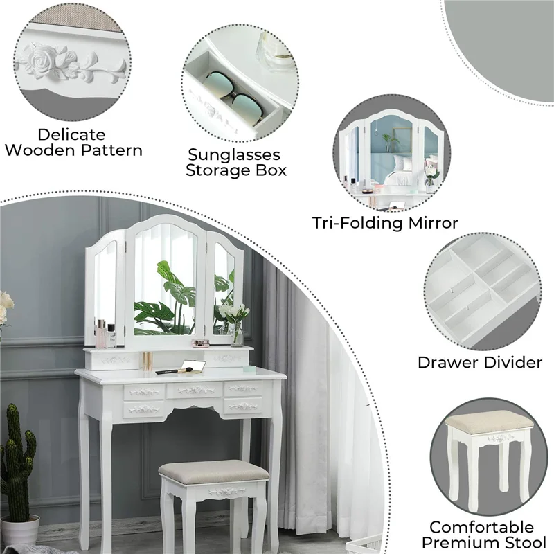 Современный туалетный столик для макияжа с трехскладным ожерельем крючком и 7