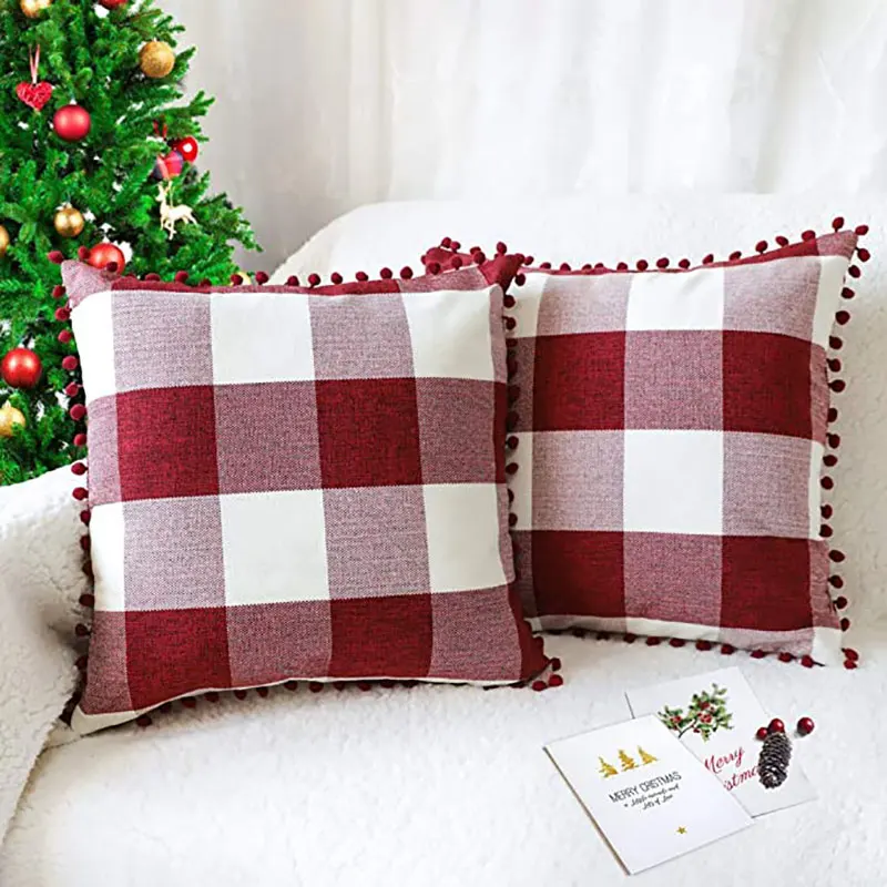

Set of 2 Retro Farmhouse Buffalo Plaid Check Pillow Cases with Pom-poms Decorative Throw Pillow Cover Cushion Case for Christmas