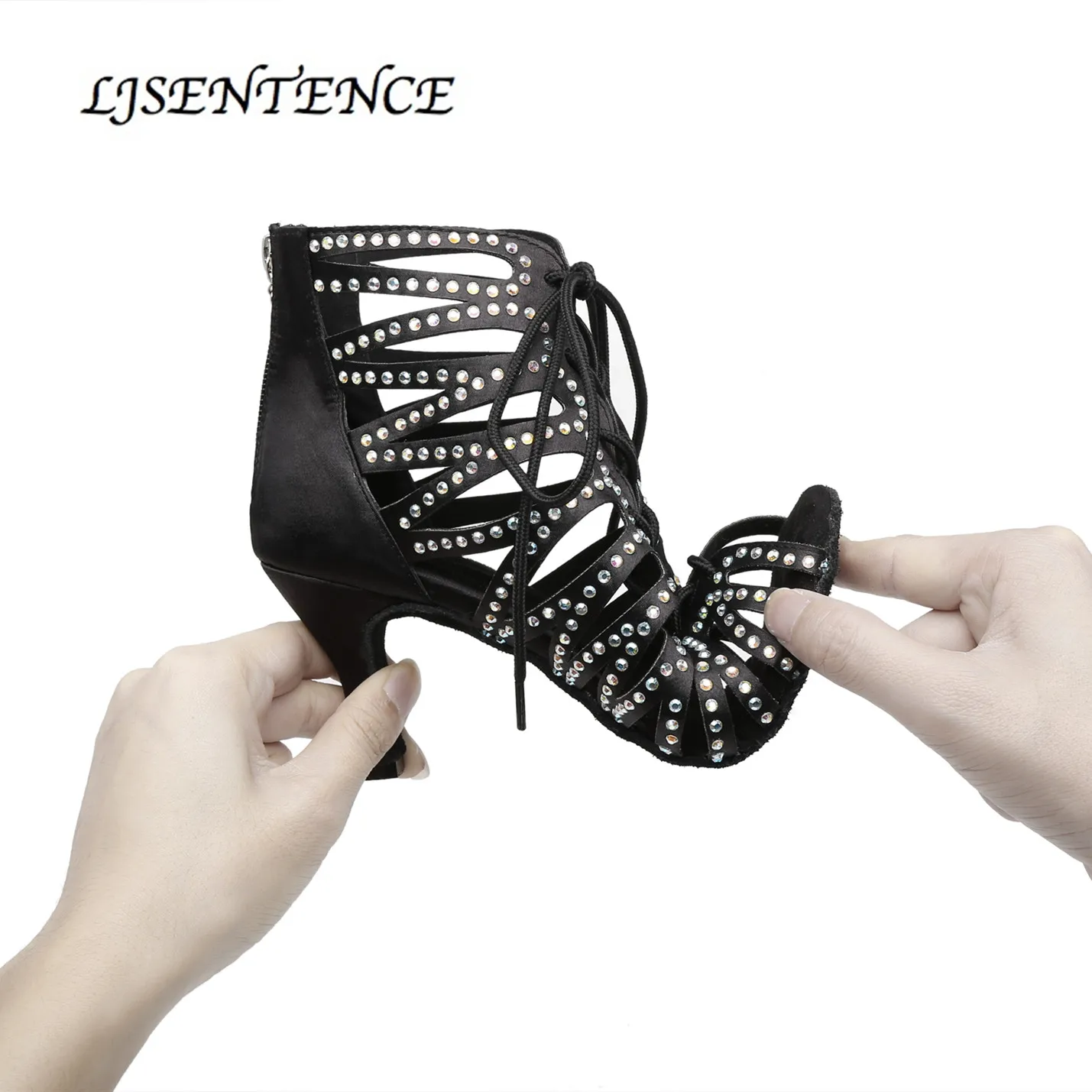 Salsa Dance Boots Black Shining Lace Zipper Opening for Wedding Party Ballroom Social Dancing Glitter Women Sandals Medium 7.5cm