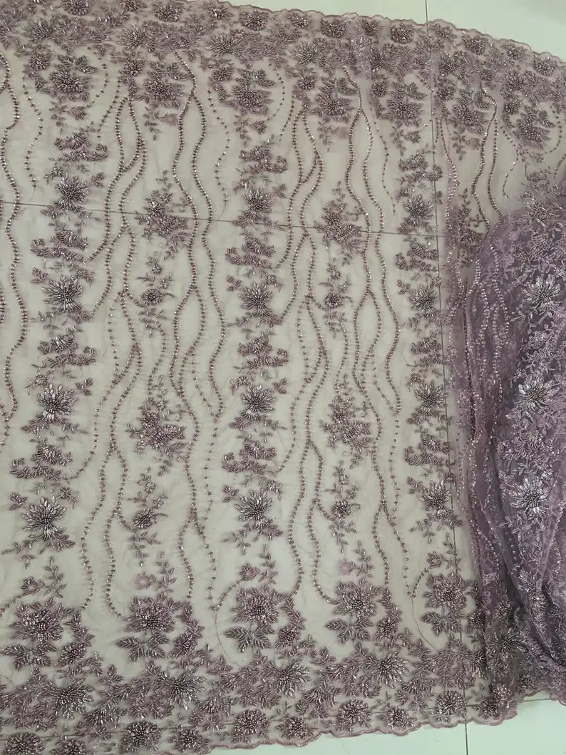 Кружевная ткань из фиолетовых бусин с бусинами кружевная тяжелых 3D цветами | Дом