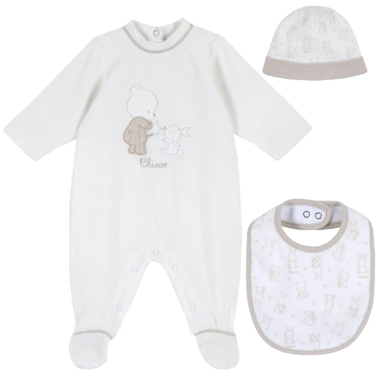 Набор (ползунки+шапочка+нагрудник) Chicco для мальчиков и девочек | Детская одежда