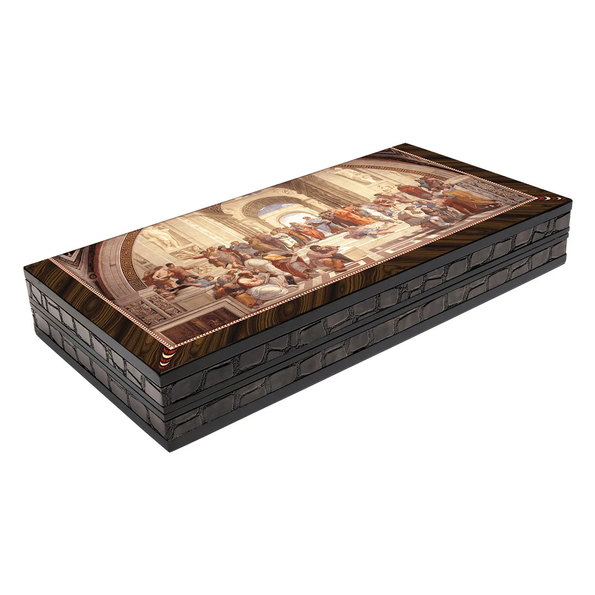 Artwork The School of Athens Wooden Big Size Backgammon Board Game Set Outer Edge Leather XXL