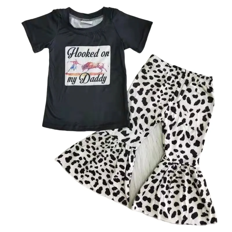 

boutique kids clothes set for spring baby clothes black hooked on my daddy top leopard bell bottom pant outfit