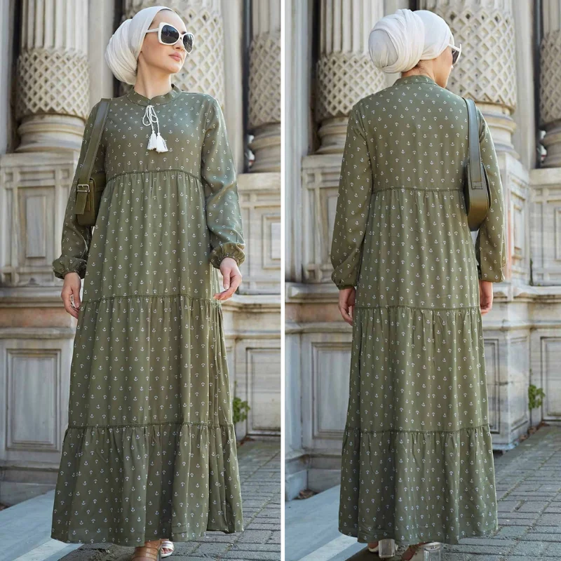 

Women Dresses Vintage Anchor Print Maxi Dress 2021 Spring Woman Boho Long Sleeve Casual Robe Chiffon Loose Dress Elegant Muslim