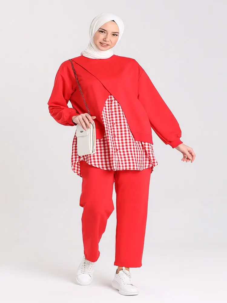 

Garnish Tunic Trousers Double Suit 2 Piece Women's Sets Crew Neck Tunic High Waist Wide Leg Hijab Modest Clothing Fashion
