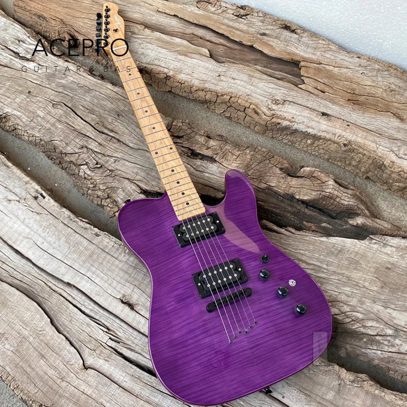 

Acepro Purple Flame Maple Electric Guitar, Curved Top, Stainless Steel Frets, Mahogany Body, Roasted Maple Neck, Black Hardware