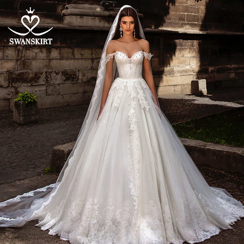 Винтажное свадебное платье трапециевидной формы с бусинами,, Swanskirt, с открытыми плечами, с аппликацией, свадебное платье принцессы, Vestido De Noiva F253
