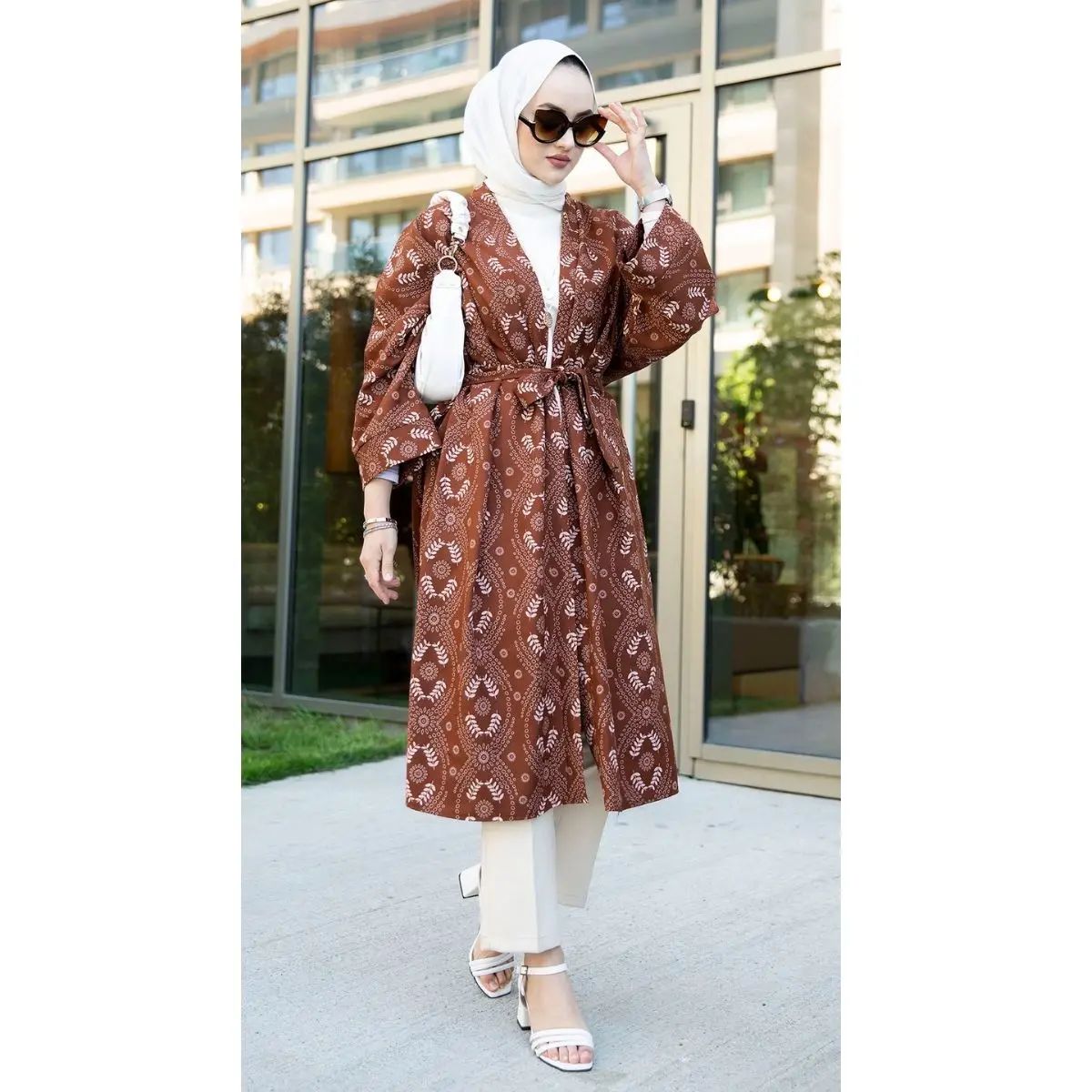 

Patterned Kimono Shirt Collar Plenty Comfortable Two Color Standard Size Summer Seasonal Belt Detailed Hijab Clothing Muslim Fas