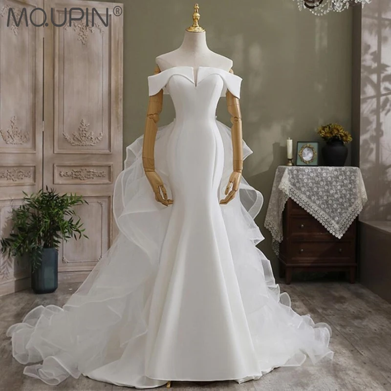 

MQUPIN Off Shoulder Satin Short Sleeve Detachable Train Mermaid Wedding Bridal Dress 2022 Latest Styles