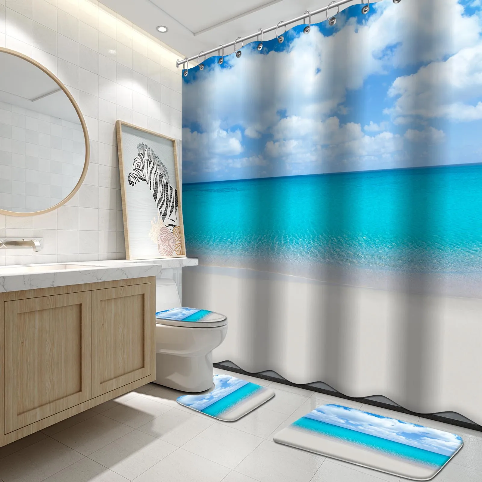

Ocean Shower Curtain, Solitude Peaceful Beach Scene with Blue Ocean and Cloudy Sky Paradise View, Cloth Fabric Bathroom Set