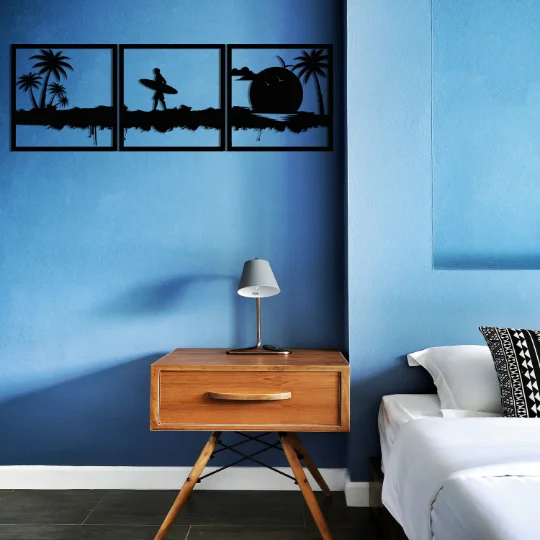 Surfista-Arte de la pared Decoraci&oacute;n de Metal, Juego de 3 uds., decoraci&oacute;n de la Oficina del hogar, escultura de decoraci&oacute;n para sala de estar, pared de metal de mar, minimalista-3