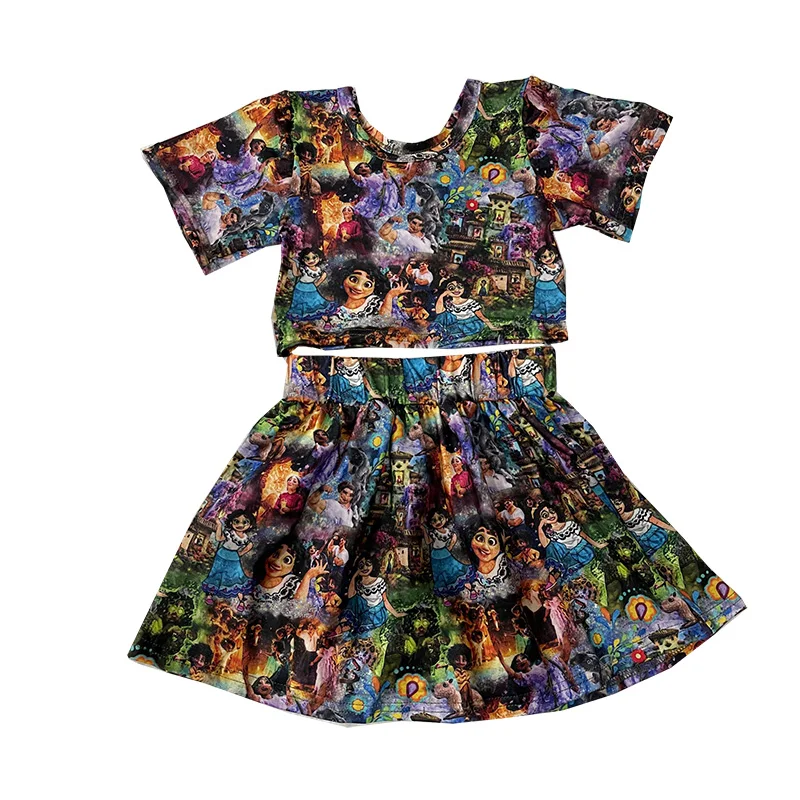 

Wholesale Children Clothes Summer Short Sleeve Belly Button Top Magic Skrit Girls Sets